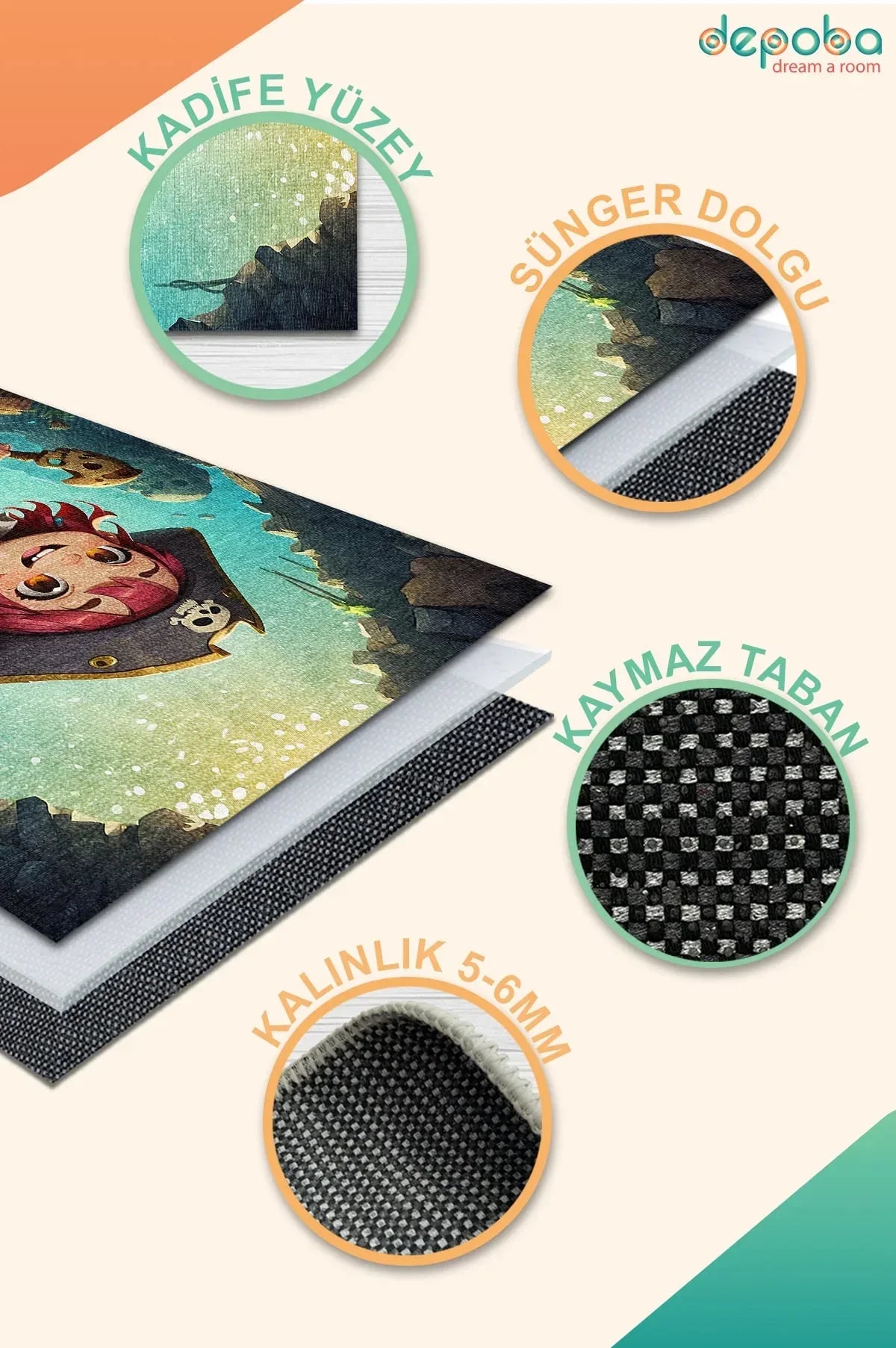 Zona Modern Kadife Antibakteriyel Yıkanabilir Kaymaz Pamuk Tabanlı Çocuk Halısı - Aydahome