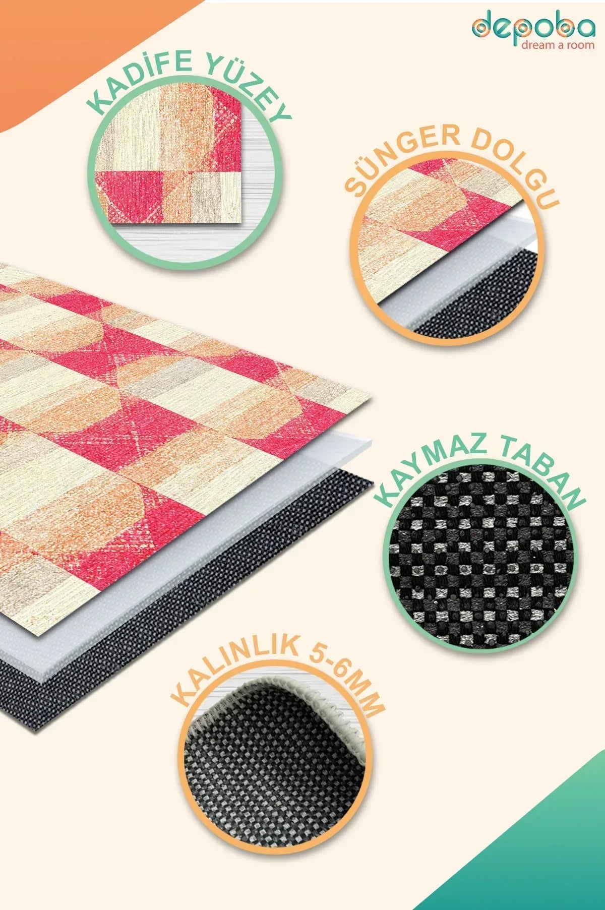 Alansa Modern Kadife Yıkanabilir Kaymaz Pamuk Tabanlı Antibakteriyel Salon Halısı - Aydahome