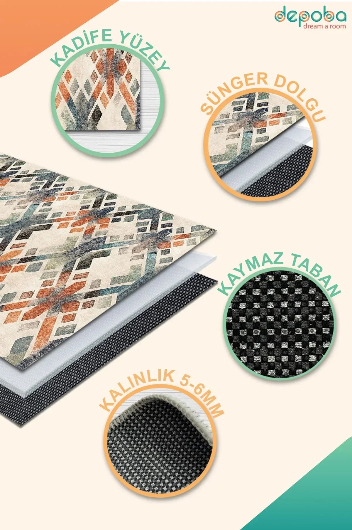 Sapre Modern Kadife Antibakteriyel Yıkanabilir Kaymaz Pamuk Tabanlı Yolluk - Aydahome