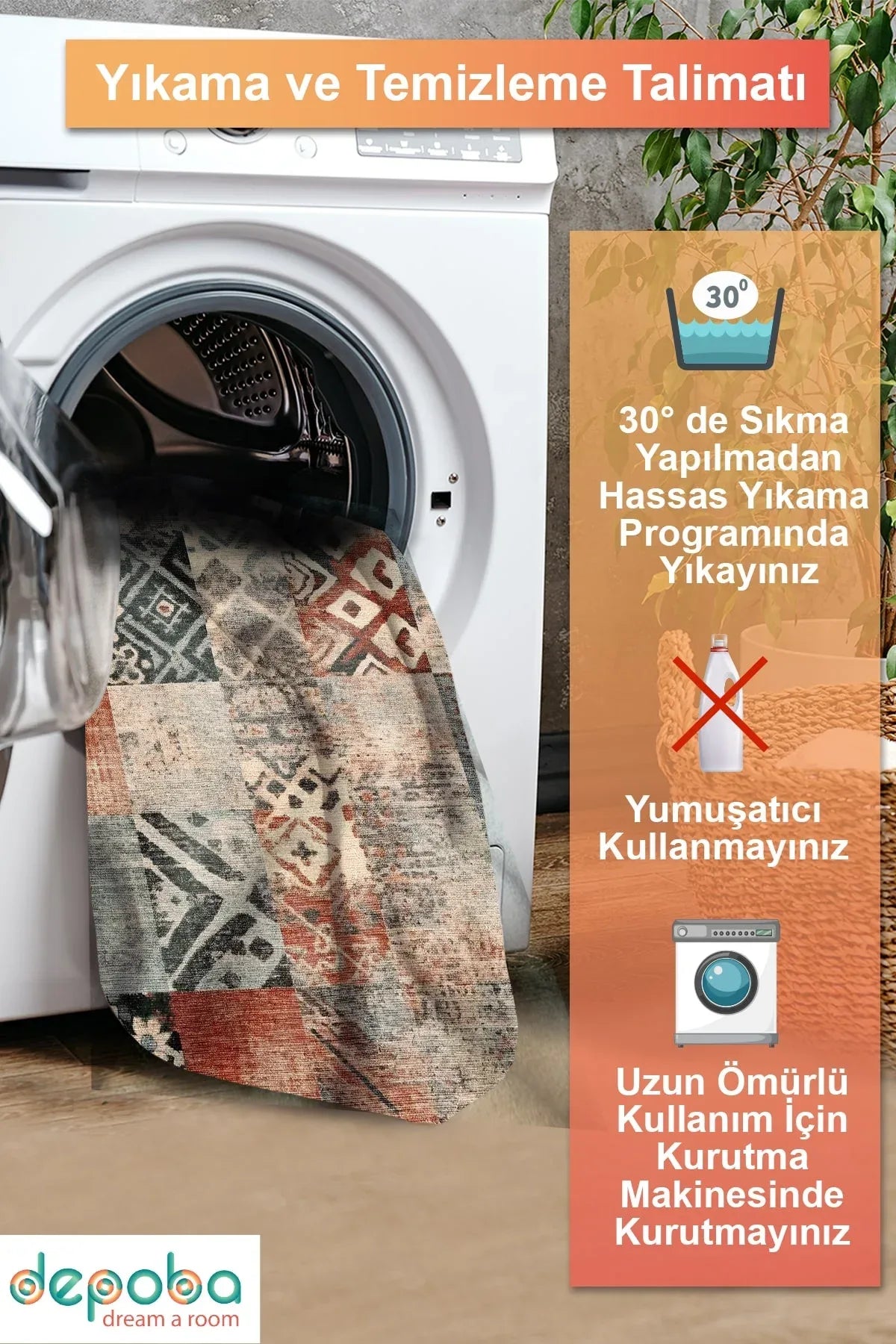 Resaye Patchwork Şönil Doğal Pamuk Tabanlı Salon Halısı Kaymaz Antibakteriyel Yıkanabilir - Aydahome