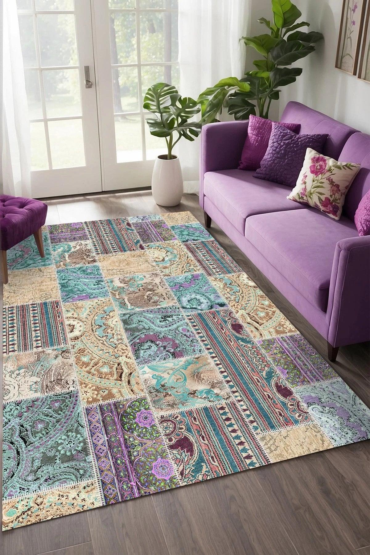Herce Patchwork Şönil Doğal Pamuk Tabanlı Salon Halısı Kaymaz Antibakteriyel Yıkanabilir Çevre Dostu - Aydahome
