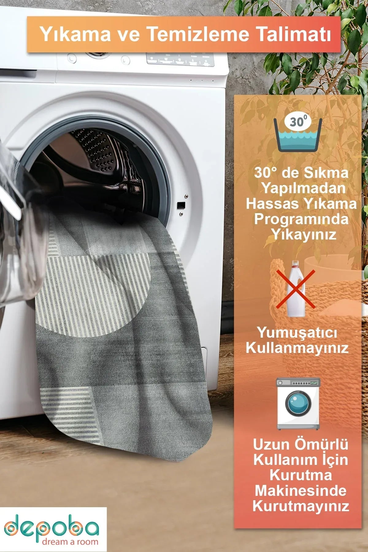 Veryan Modern Şönil Modern Doğal Pamuk Tabanlı Salon Halısı Kaymaz Antibakteriyel Yıkanabilir Çevre Dostu - Aydahome