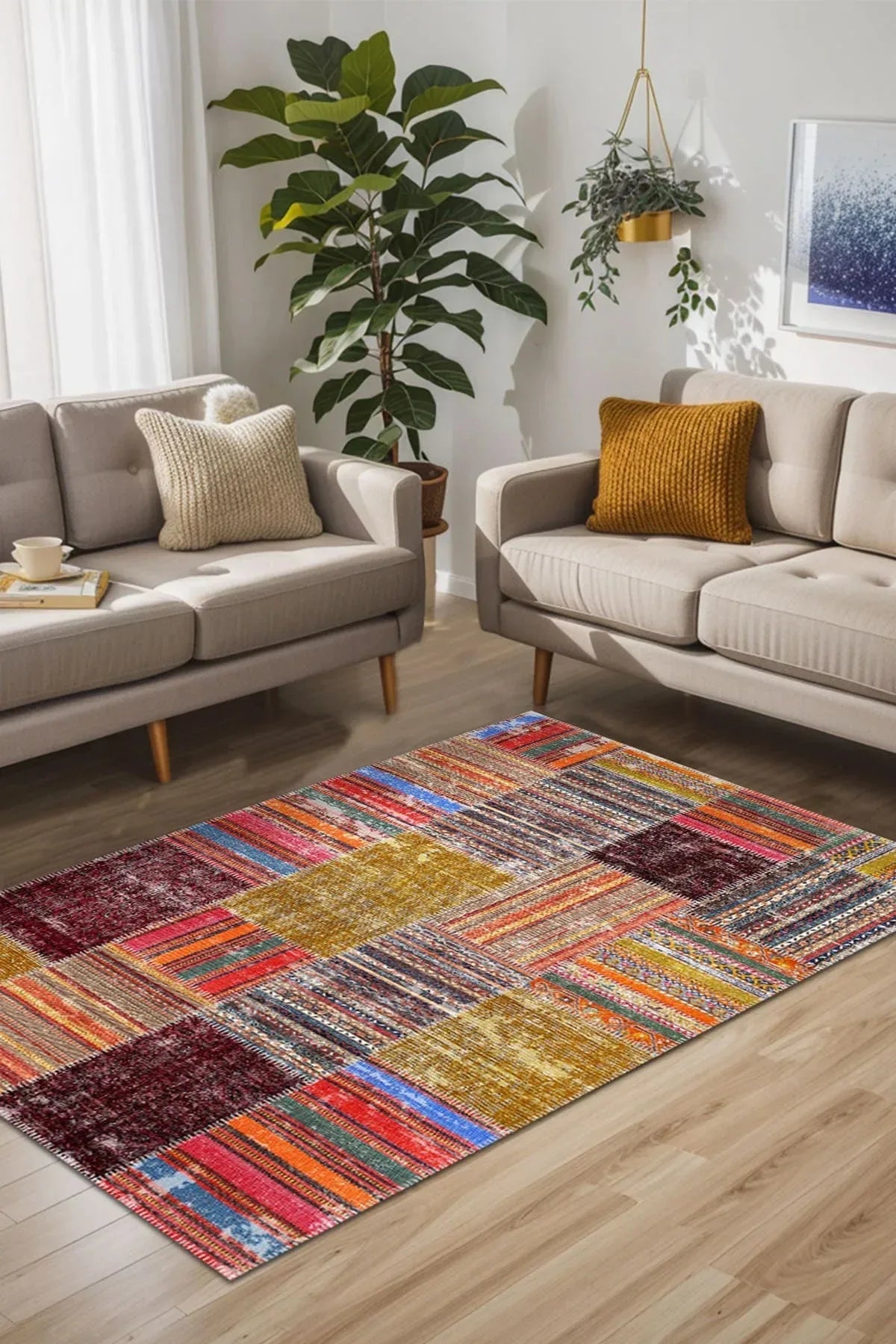 Silvena Patchwork Kadife Yıkanabilir Kaymaz Pamuk Tabanlı Antibakteriyel Salon Halısı - Aydahome