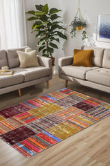 Silvena Patchwork Kadife Yıkanabilir Kaymaz Pamuk Tabanlı Antibakteriyel Salon Halısı - Aydahome