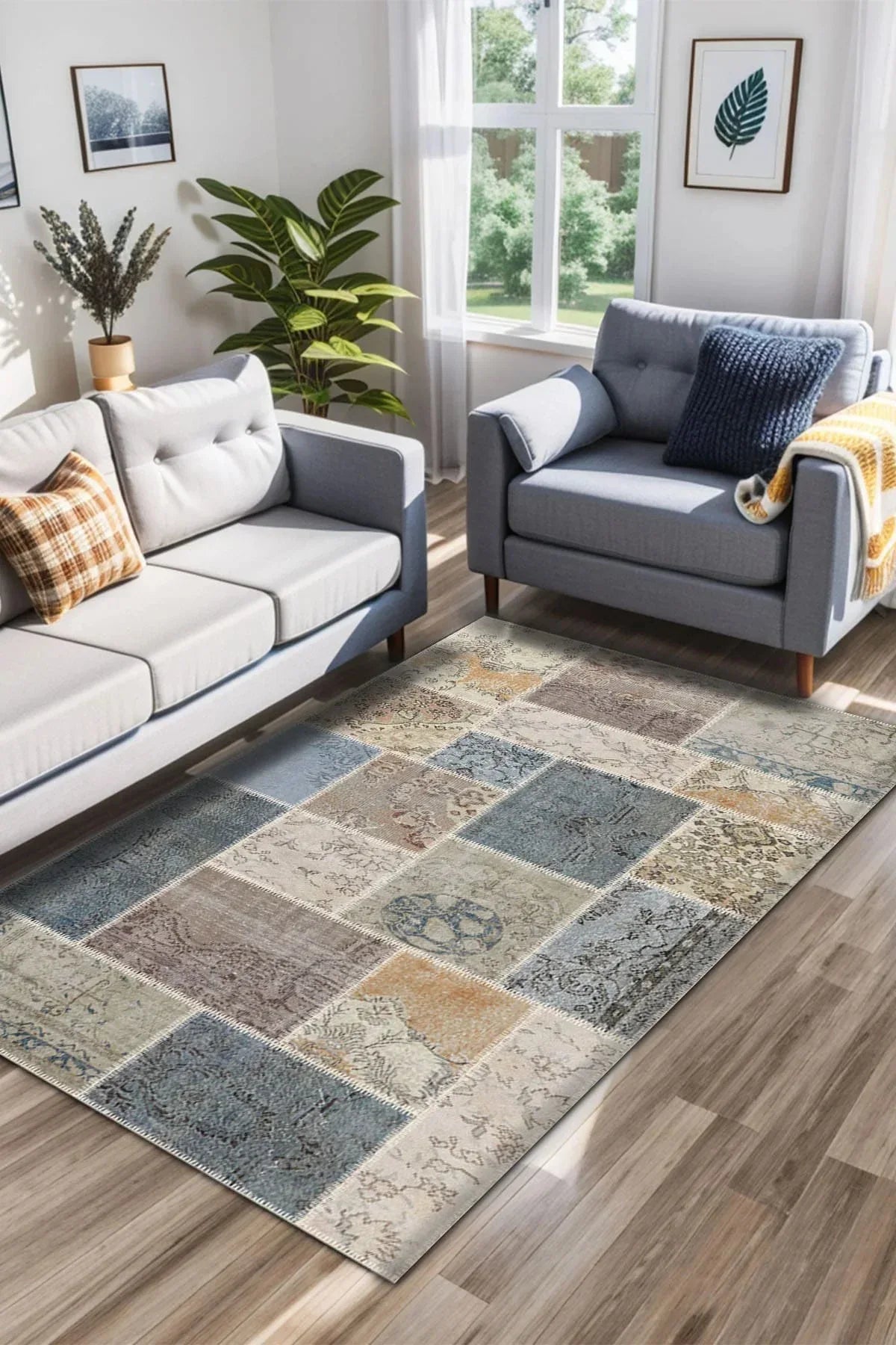 Siense Patchwork Kadife Yıkanabilir Kaymaz Pamuk Tabanlı Antibakteriyel Salon Halısı - Aydahome