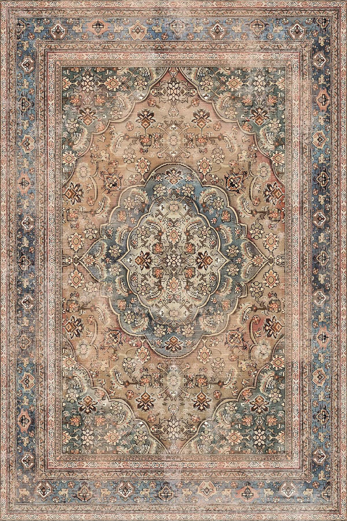Enolas Şönil Vintage Desenli Pamuk Taban Kaymaz Yıkanabilen Antibakteriyel Salon Halısı - Aydahome
