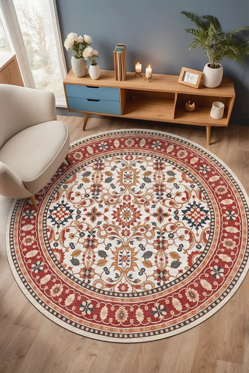 Yonza Vintage Şönil Doğal Pamuk Tabanlı Kaymaz Antibakteriyel Yıkanabilir Yuvarlak Salon Halısı - Aydahome