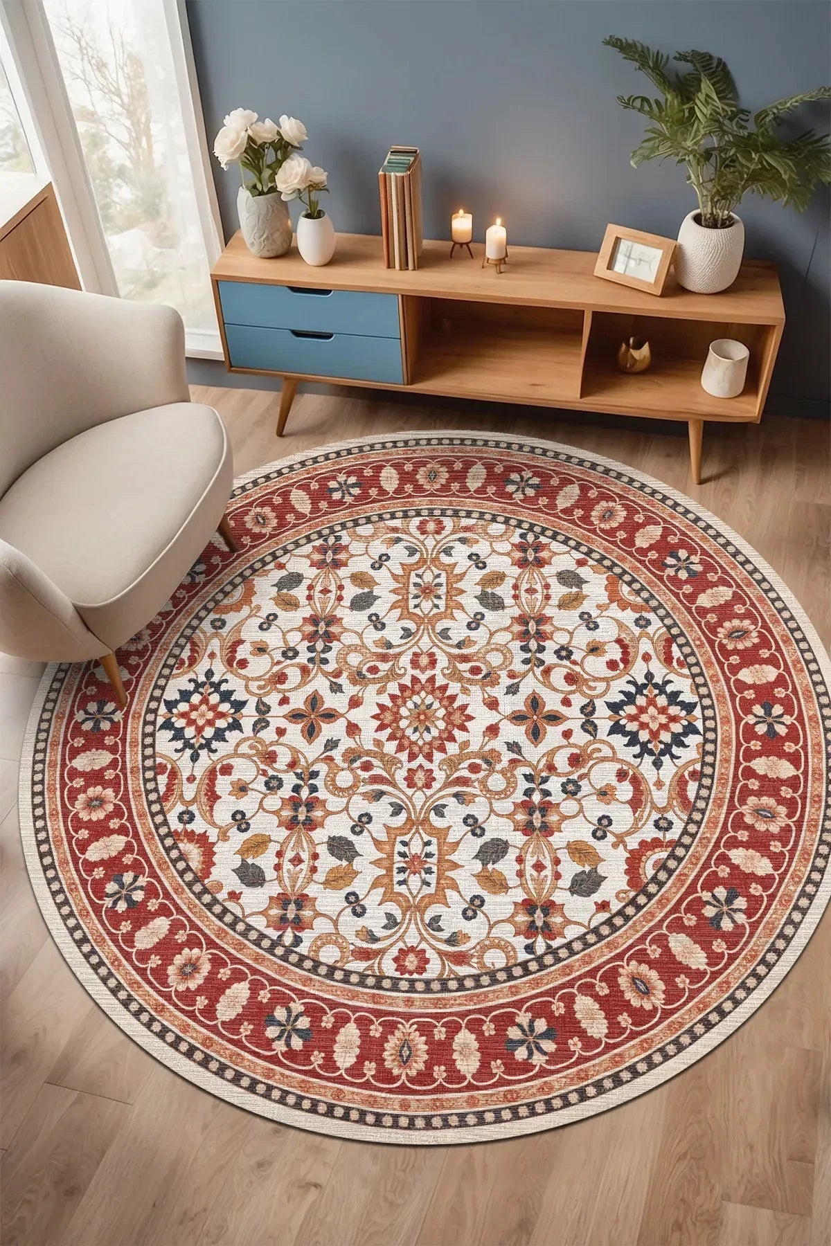 Yonza Vintage Şönil Doğal Pamuk Tabanlı Kaymaz Antibakteriyel Yıkanabilir Yuvarlak Salon Halısı - Aydahome