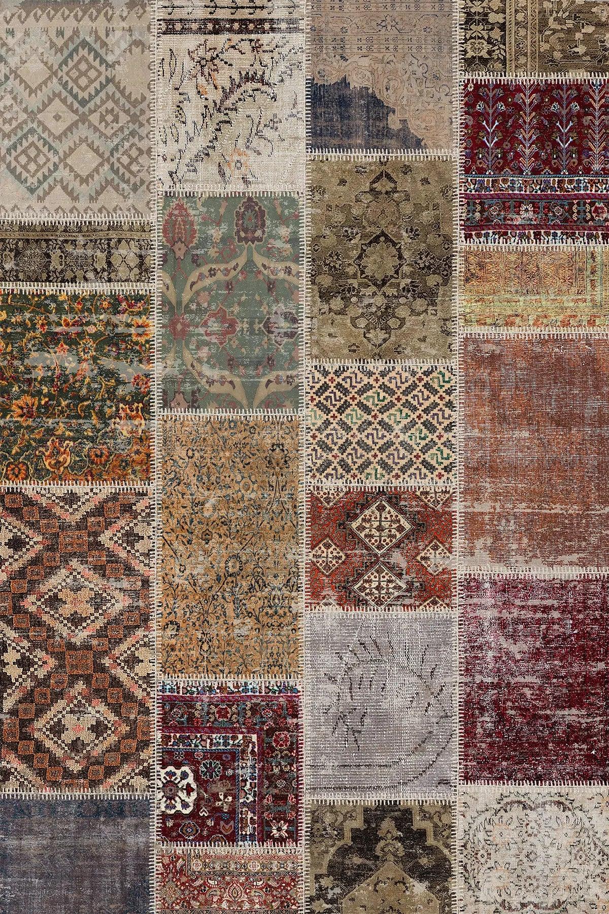 Flona Patchwork Şönil Doğal Pamuk Tabanlı Kaymaz Antibakteriyel Yıkanabilir Çevre Dostu Salon Halısı - Aydahome