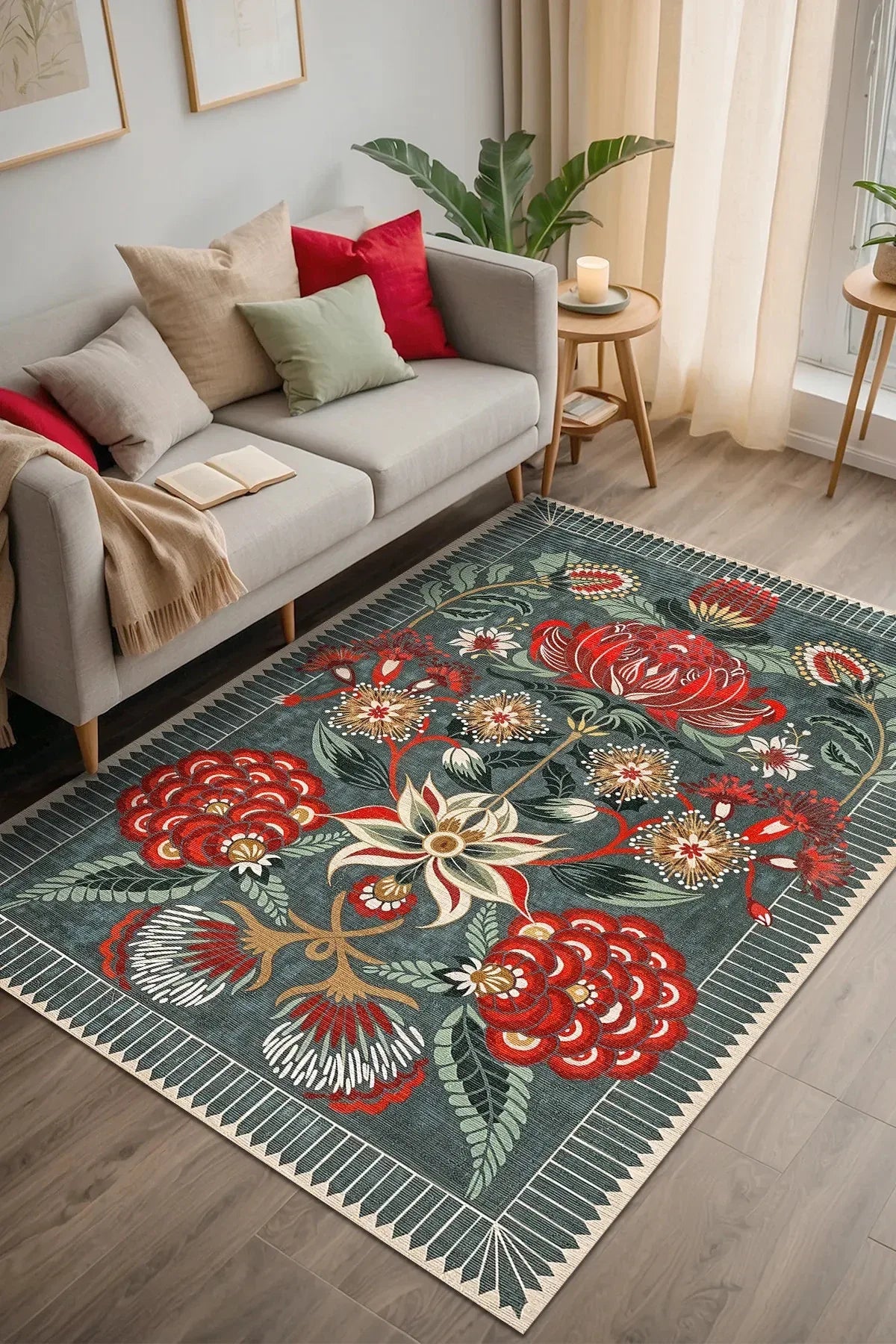 Lelna Şönil Vintage Desenli Pamuk Taban Kaymaz Yıkanabilen Antibakteriyel Salon Halısı - Aydahome