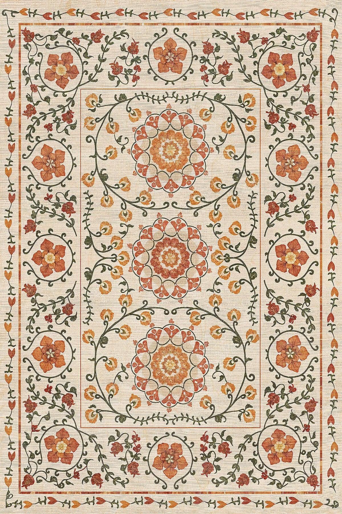 Sanda Şönil Vintage Desenli Pamuk Taban Kaymaz Yıkanabilen Antibakteriyel Salon Halısı - Aydahome