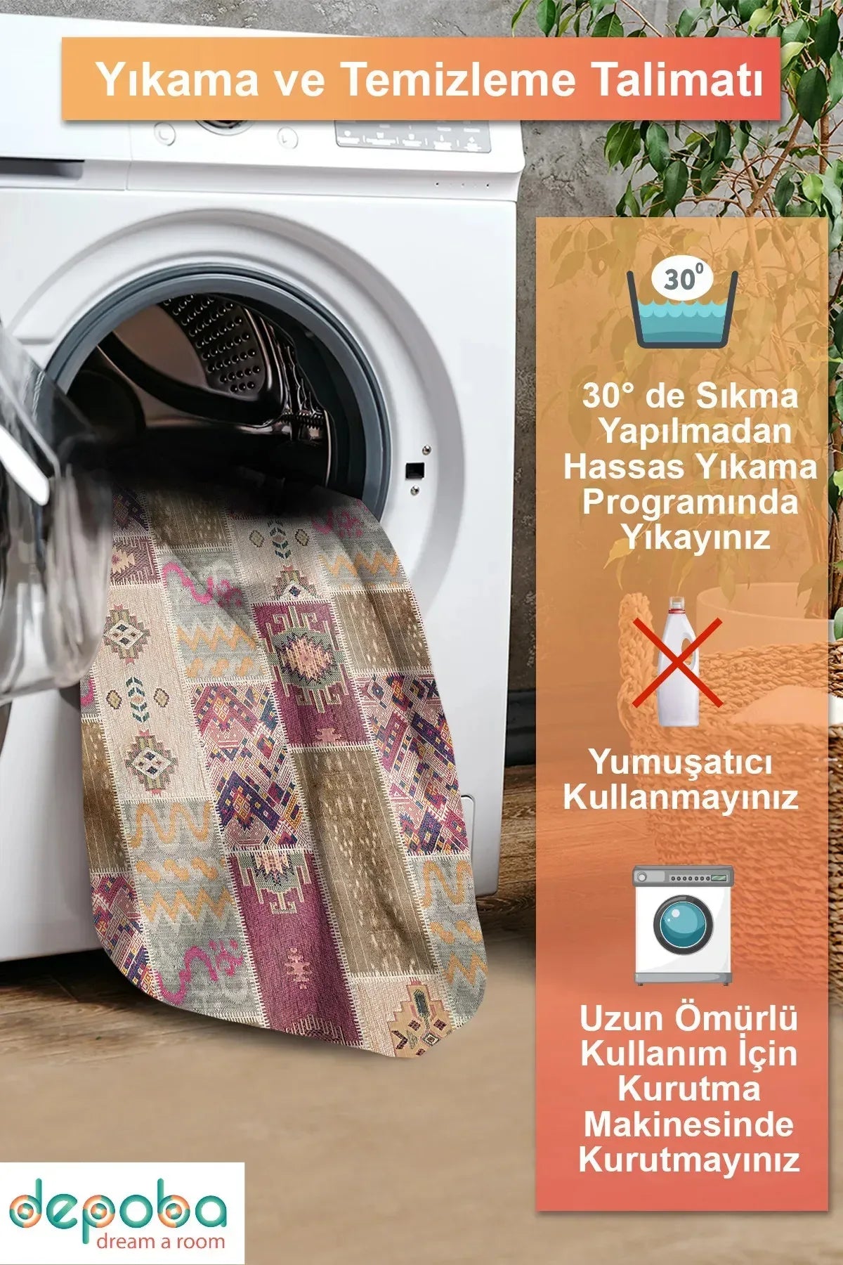 Elara Patchwork Şönil Doğal Pamuk Tabanlı Kaymaz Antibakteriyel Yıkanabilir Salon Halısı - Aydahome