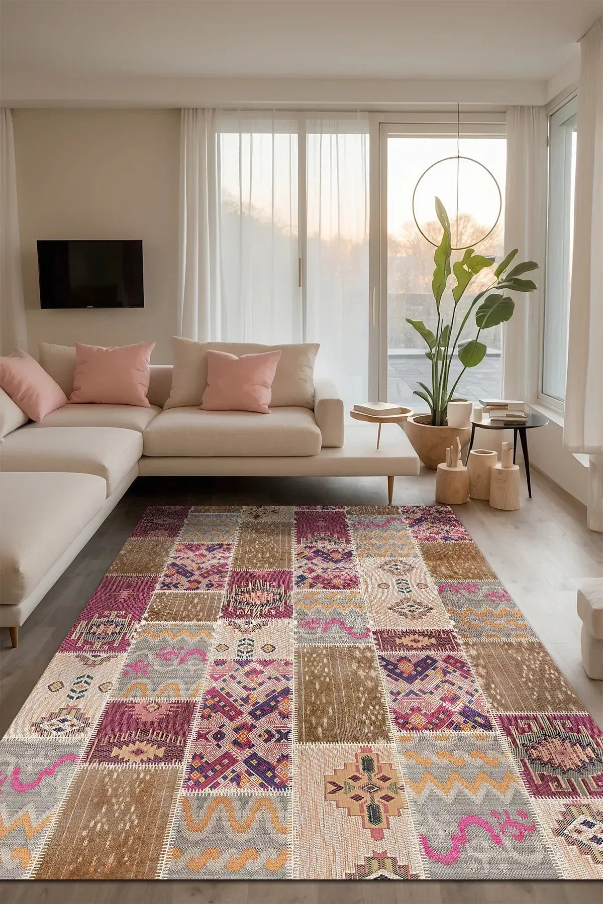 Elara Patchwork Şönil Doğal Pamuk Tabanlı Kaymaz Antibakteriyel Yıkanabilir Salon Halısı - Aydahome