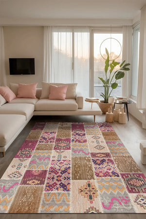 Elara Patchwork Şönil Doğal Pamuk Tabanlı Kaymaz Antibakteriyel Yıkanabilir Salon Halısı - Aydahome