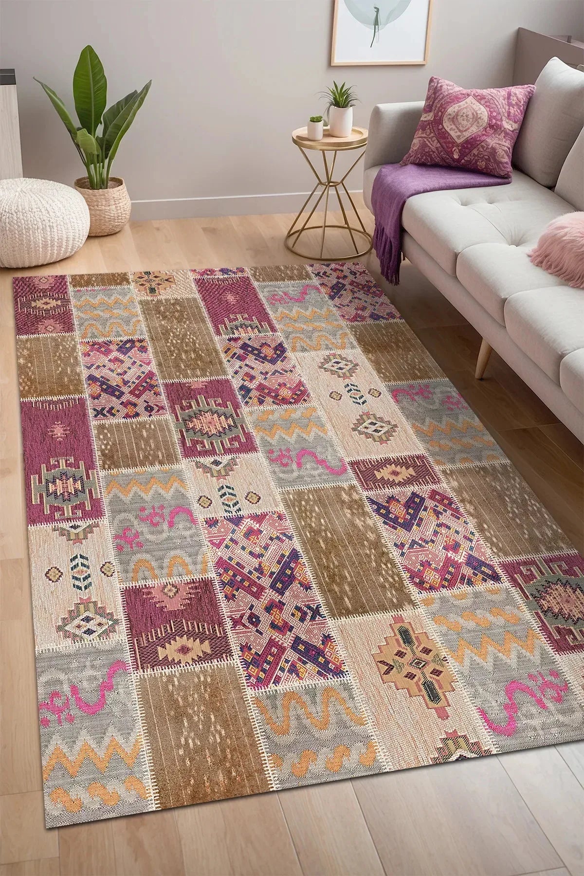 Elara Patchwork Şönil Doğal Pamuk Tabanlı Kaymaz Antibakteriyel Yıkanabilir Salon Halısı - Aydahome