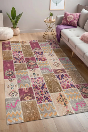 Elara Patchwork Şönil Doğal Pamuk Tabanlı Kaymaz Antibakteriyel Yıkanabilir Salon Halısı - Aydahome
