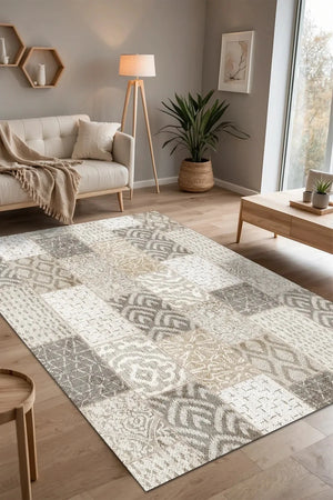 Manel Patchwork Şönil Doğal Pamuk Tabanlı Kaymaz Antibakteriyel Yıkanabilir Salon Halısı - Aydahome