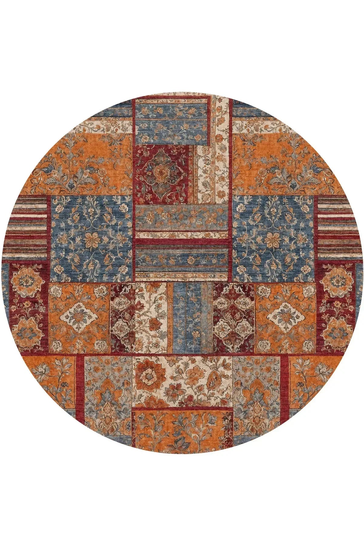 Sera Patchwork Şönil Doğal Pamuk Tabanlı Kaymaz Antibakteriyel Yıkanabilir Yuvarlak Salon Halısı - Aydahome
