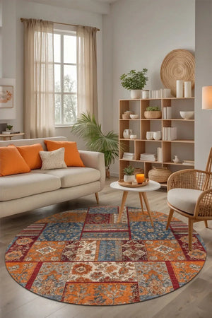 Sera Patchwork Şönil Doğal Pamuk Tabanlı Kaymaz Antibakteriyel Yıkanabilir Yuvarlak Salon Halısı - Aydahome