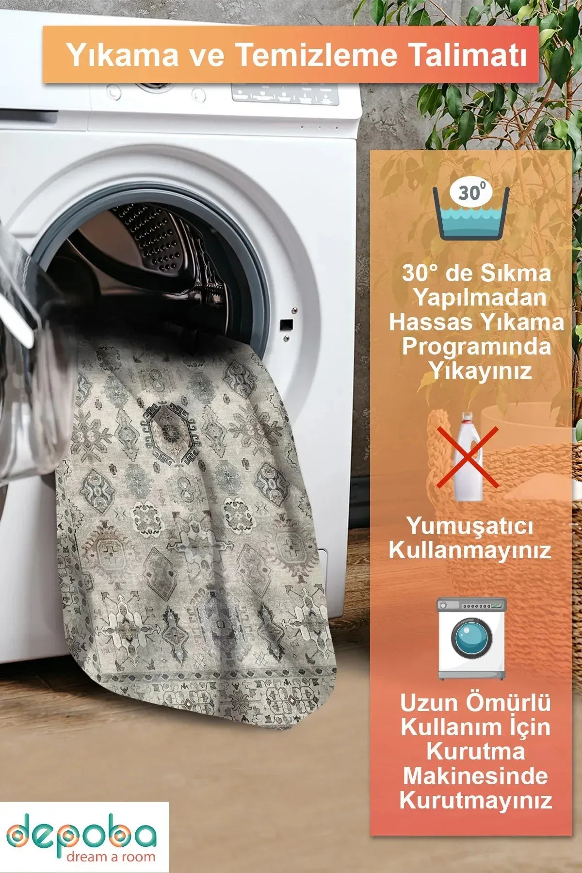 Zeran Modern Şönil Doğal Pamuk Tabanlı Kaymaz Antibakteriyel Yıkanabilir Çevre Dostu Yolluk - Aydahome