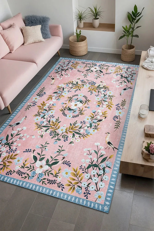 Velda Şönil Çiçek Desenli Pamuk Taban Kaymaz Yıkanabilen Antibakteriyel Salon Halısı - Aydahome