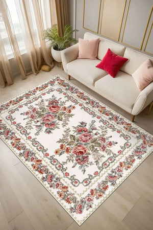 Mener Şönil Çiçek Desenli Pamuk Taban Kaymaz Yıkanabilen Antibakteriyel Salon Halısı - Aydahome