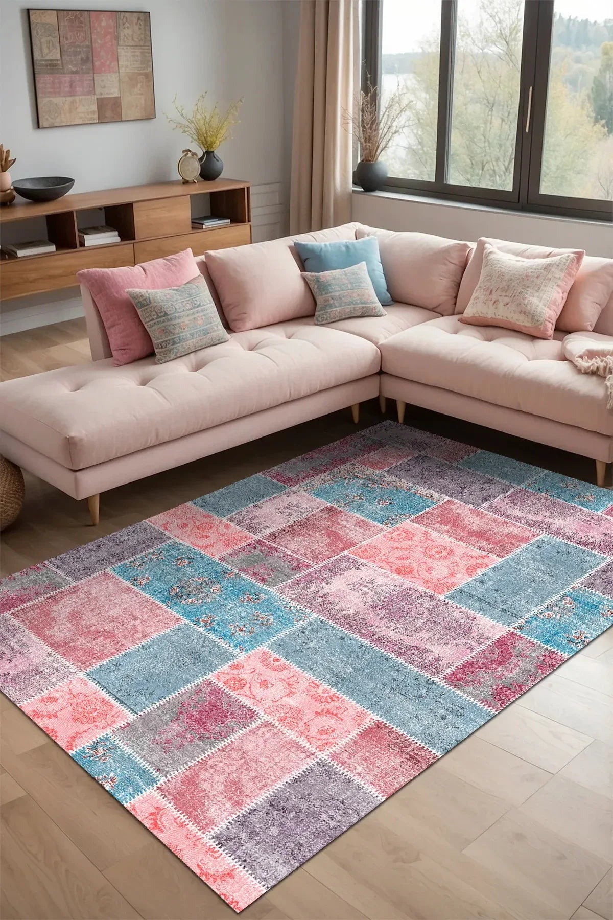 Samen Patchwork Şönil Doğal Pamuk Tabanlı Kaymaz Antibakteriyel Yıkanabilir Çevre Dostu Salon Halısı - Aydahome