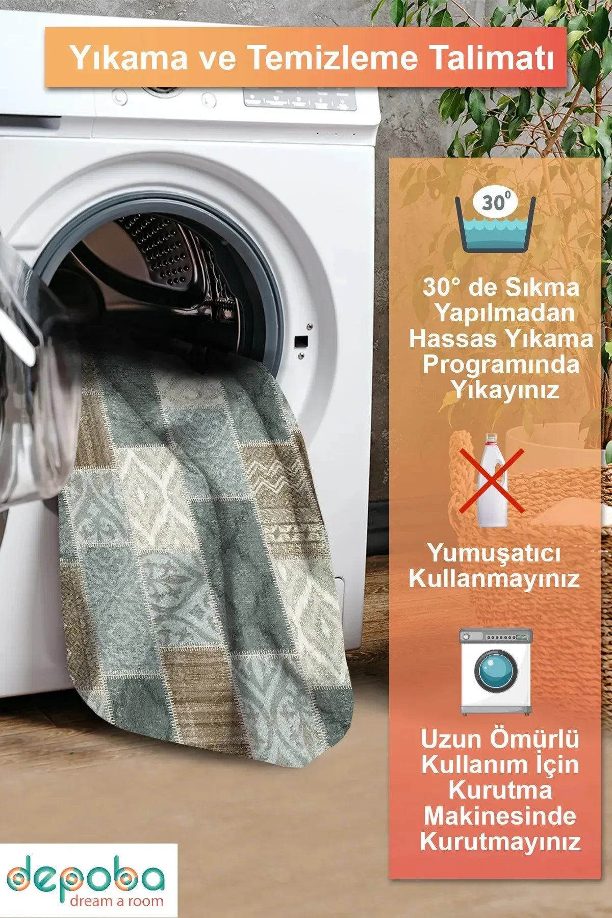Klame Patchwork Şönil Doğal Pamuk Tabanlı Kaymaz Antibakteriyel Yıkanabilir Çevre Dostu Salon Halısı - Aydahome