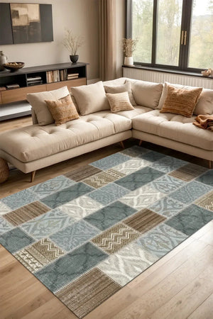 Klame Patchwork Şönil Doğal Pamuk Tabanlı Kaymaz Antibakteriyel Yıkanabilir Çevre Dostu Salon Halısı - Aydahome