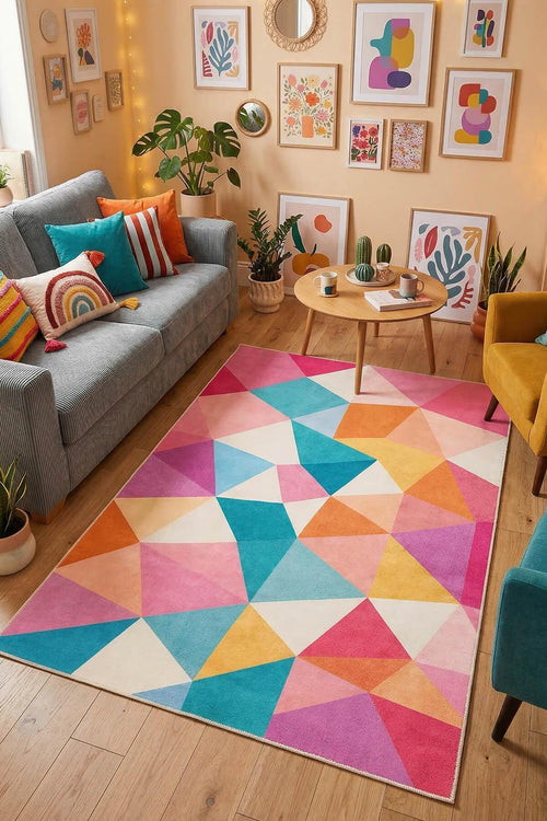 Dorea Color Carnival Pamuk Tabanlı Yıkanabilen Kaydırmaz Antibakteriyel Şönil Salon Halısı - Aydahome