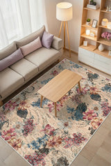 Elens Spring Bloom Çiçek Desenli Pamuk Tabanlı Yıkanabilen Kaydırmaz Antibakteriyel Şönil Salon Halısı - Aydahome