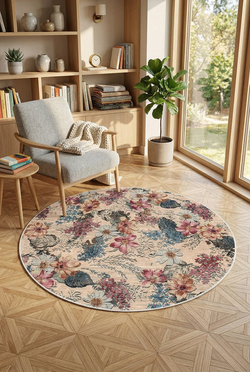 Elens Spring Bloom Çiçek Desenli Pamuk Tabanlı Yıkanabilen Kaydırmaz Antibakteriyel Yuvarlak Şönil Salon Halısı - Aydahome