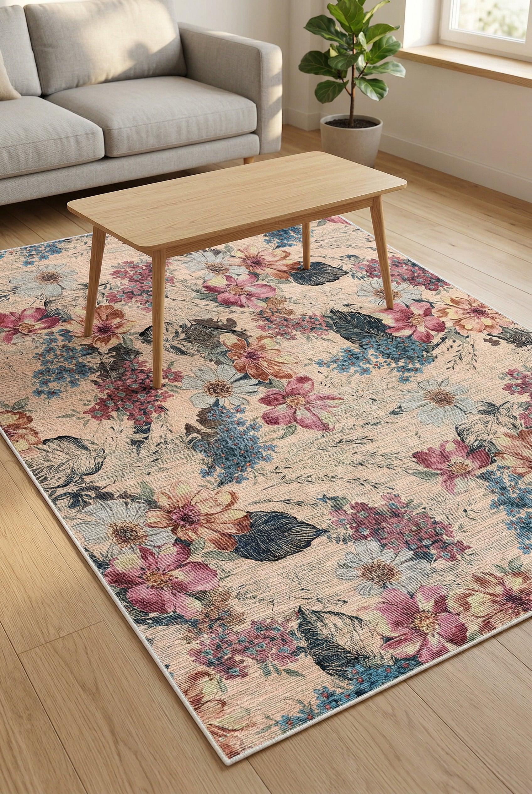 Elens Spring Bloom Çiçek Desenli Pamuk Tabanlı Yıkanabilen Kaydırmaz Antibakteriyel Şönil Salon Halısı - Aydahome