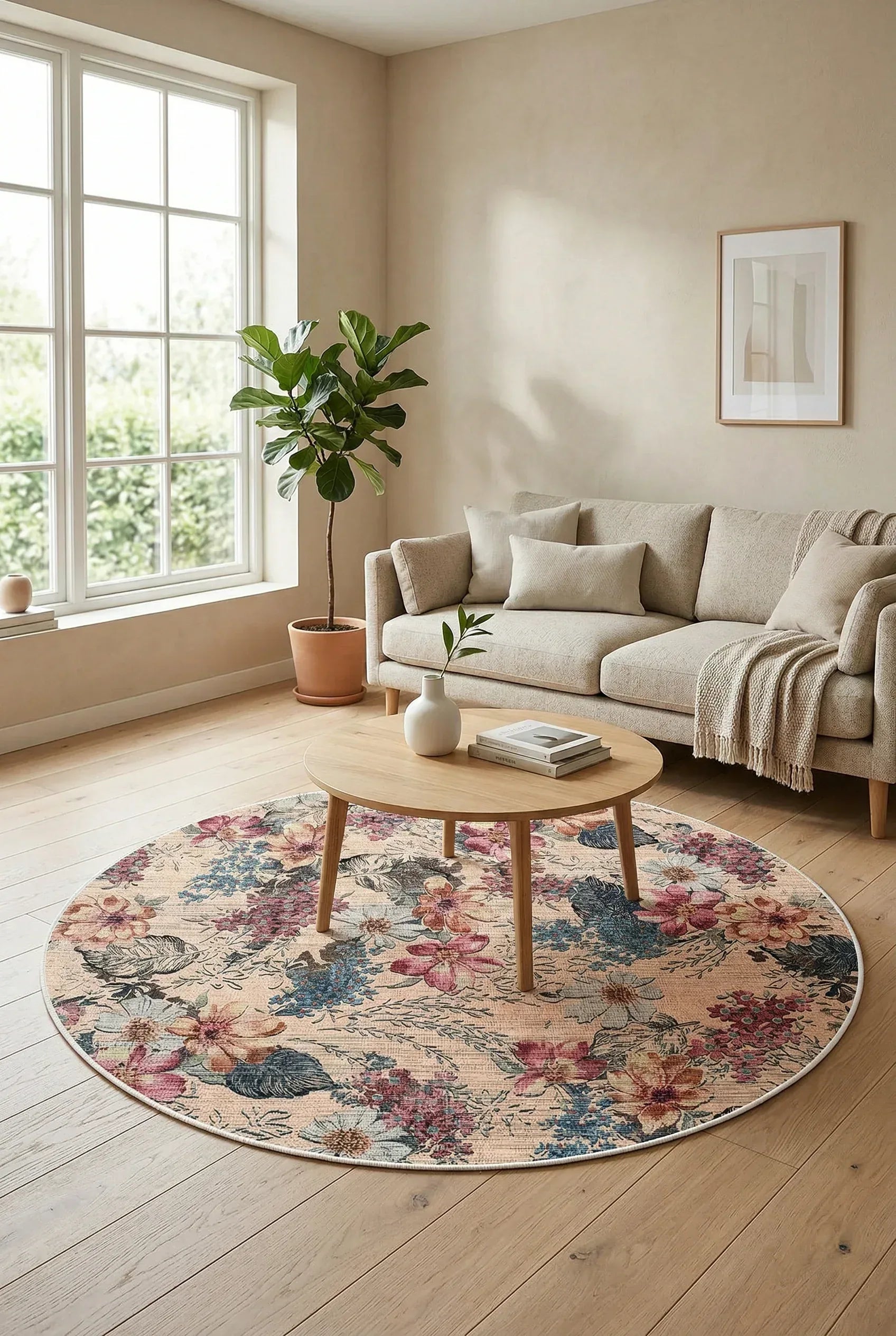 Elens Spring Bloom Çiçek Desenli Pamuk Tabanlı Yıkanabilen Kaydırmaz Antibakteriyel Yuvarlak Şönil Salon Halısı - Aydahome