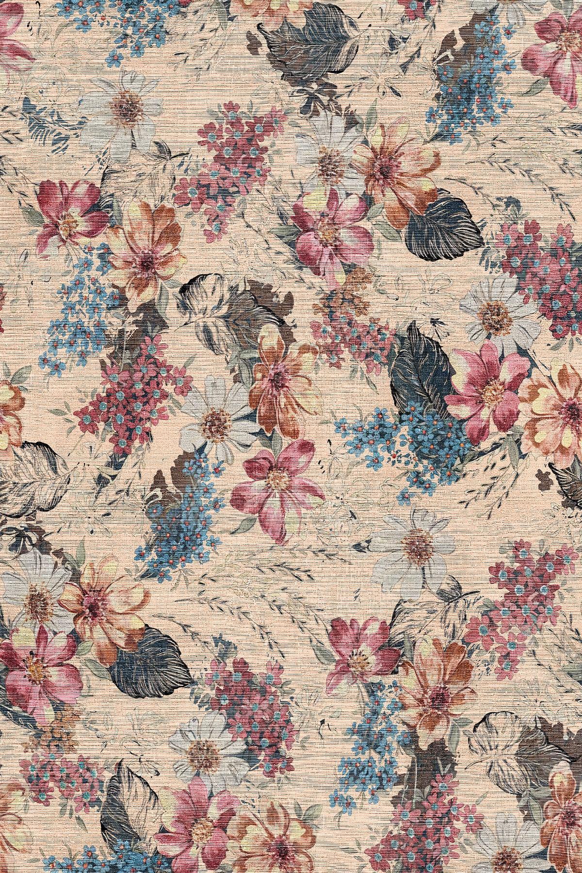 Elens Spring Bloom Çiçek Desenli Pamuk Tabanlı Yıkanabilen Kaydırmaz Antibakteriyel Şönil Salon Halısı - Aydahome