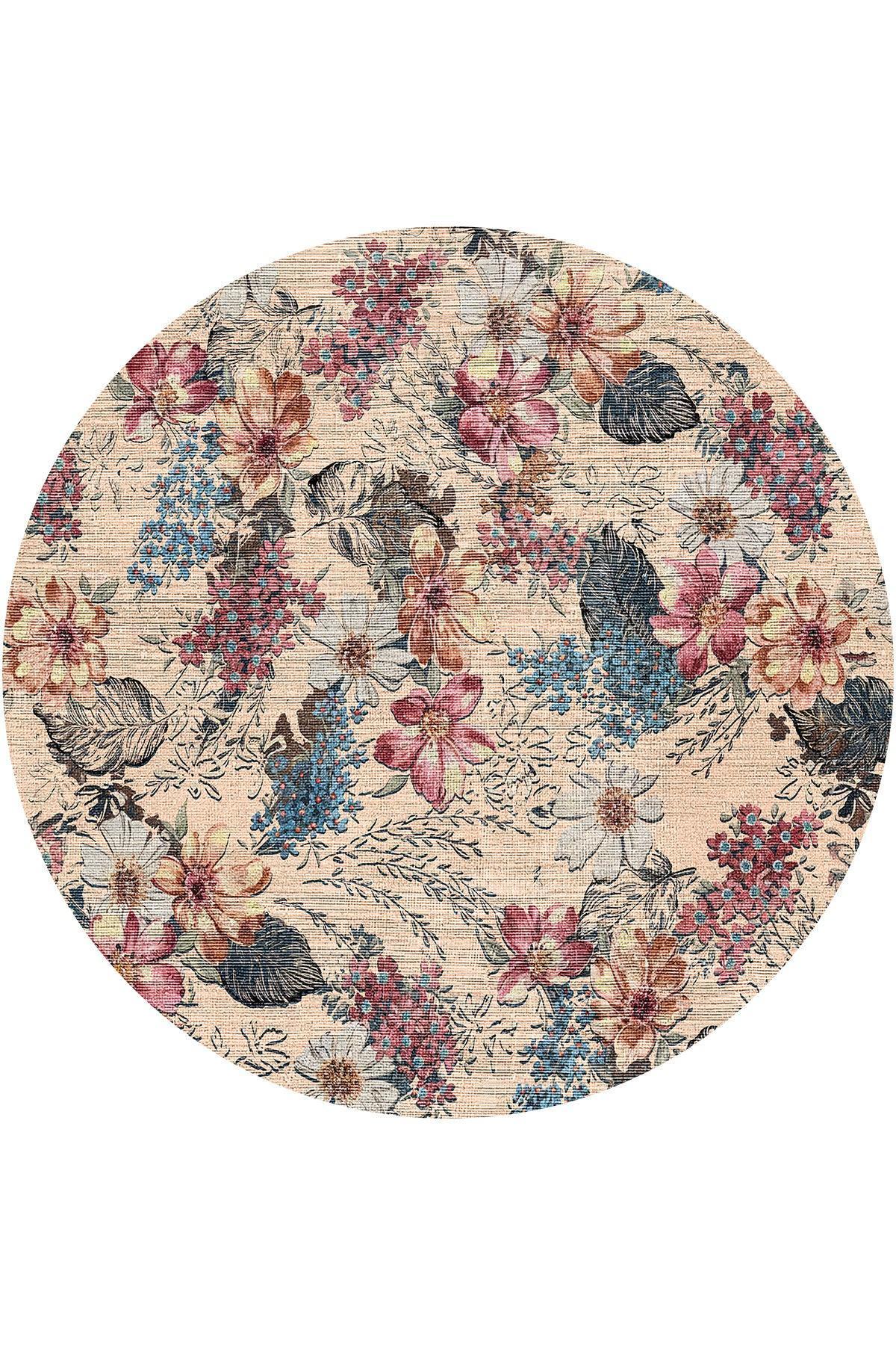 Elens Spring Bloom Çiçek Desenli Pamuk Tabanlı Yıkanabilen Kaydırmaz Antibakteriyel Yuvarlak Şönil Salon Halısı - Aydahome