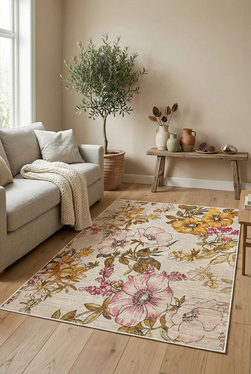 Gusras Spring Bloom Çiçek Desenli Pamuk Tabanlı Yıkanabilen Kaydırmaz Antibakteriyel Şönil Salon Halısı - Aydahome