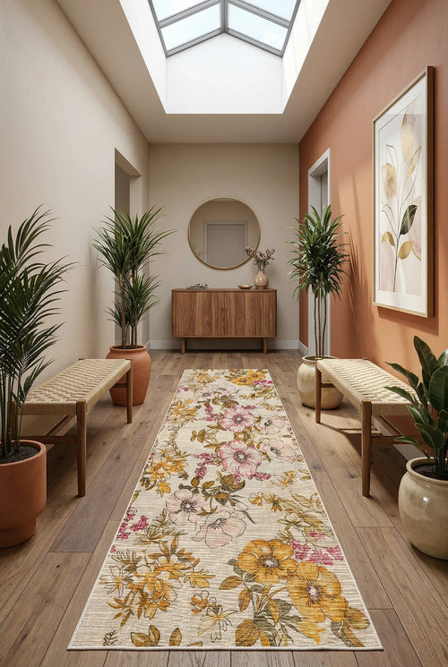 Gusras Spring Bloom Çiçek Desenli Modern Şönil Doğal Pamuk Tabanlı Kaymaz Antibakteriyel Yıkanabilir Çevre Dostu Yolluk - Aydahome