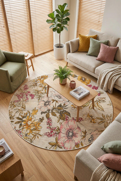 Gusras Spring Bloom Çiçek Desenli Pamuk Tabanlı Yıkanabilen Kaydırmaz Antibakteriyel Yuvarlak Şönil Salon Halısı - Aydahome