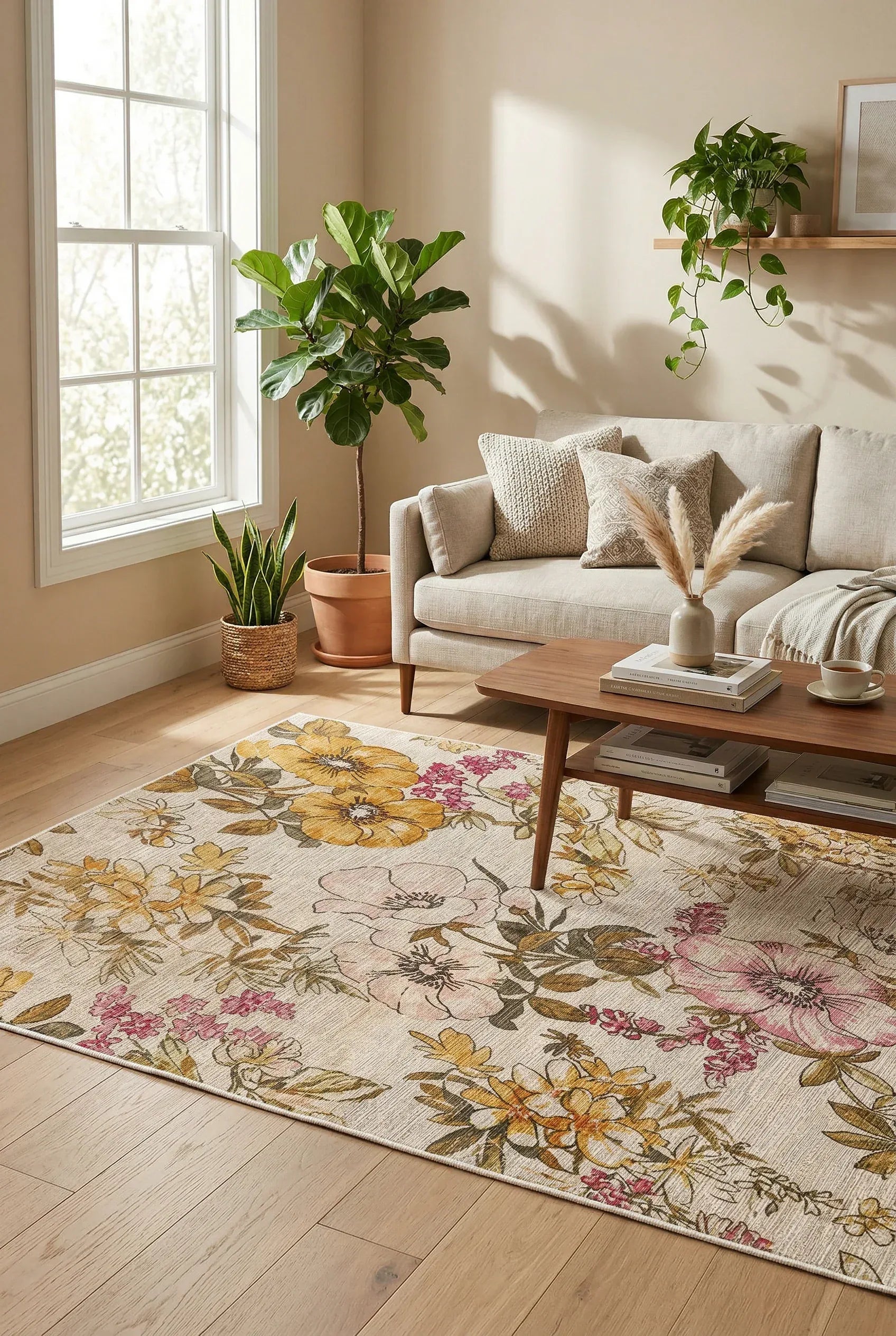 Gusras Spring Bloom Çiçek Desenli Pamuk Tabanlı Yıkanabilen Kaydırmaz Antibakteriyel Şönil Salon Halısı - Aydahome