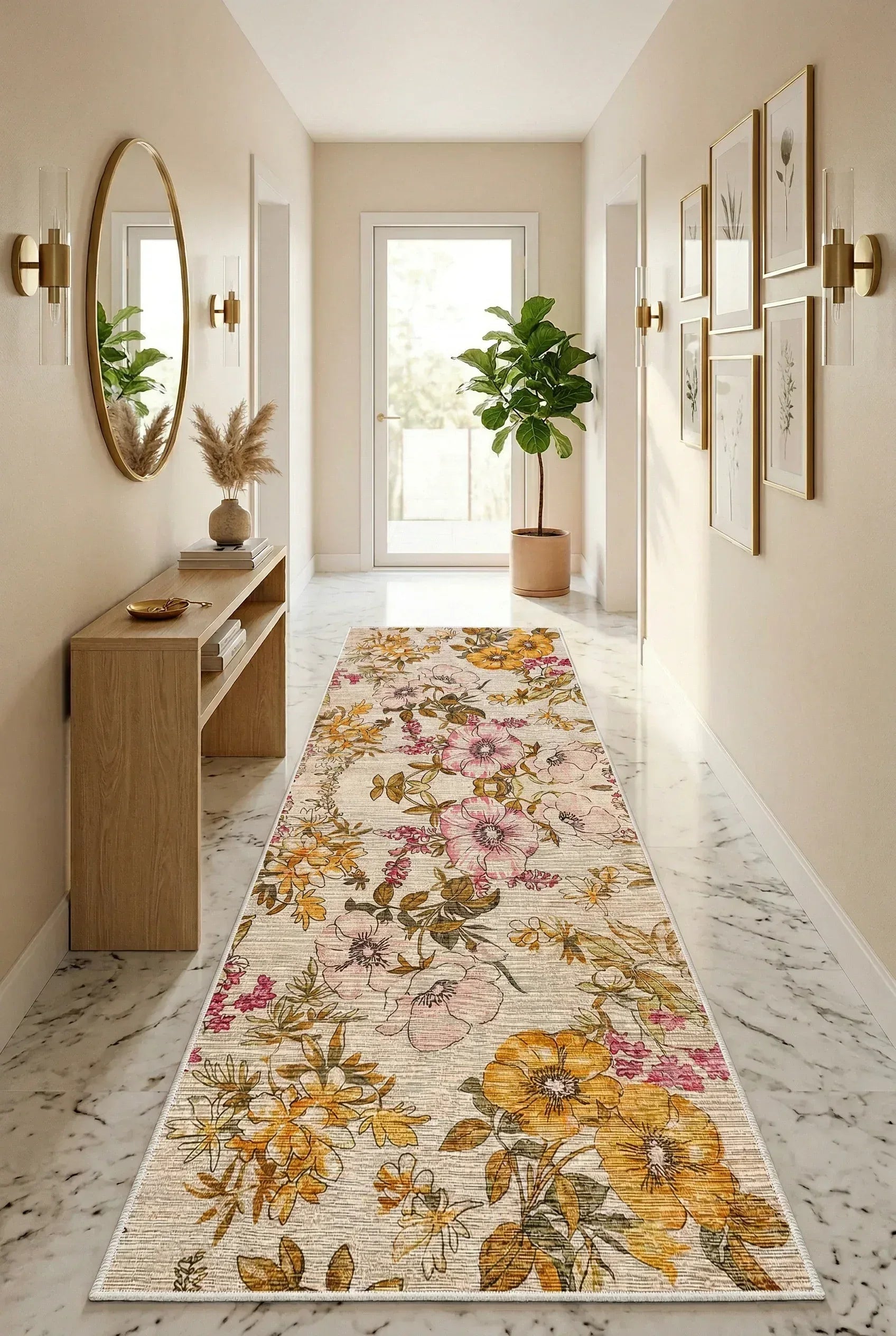 Gusras Spring Bloom Çiçek Desenli Modern Şönil Doğal Pamuk Tabanlı Kaymaz Antibakteriyel Yıkanabilir Çevre Dostu Yolluk - Aydahome