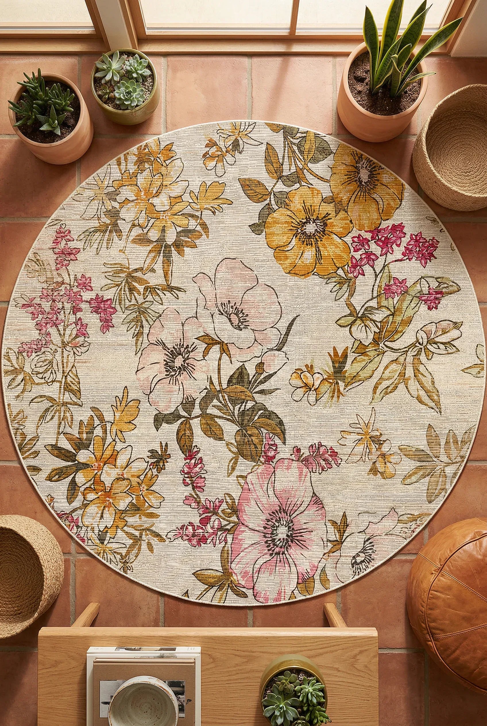 Gusras Spring Bloom Çiçek Desenli Pamuk Tabanlı Yıkanabilen Kaydırmaz Antibakteriyel Yuvarlak Şönil Salon Halısı - Aydahome