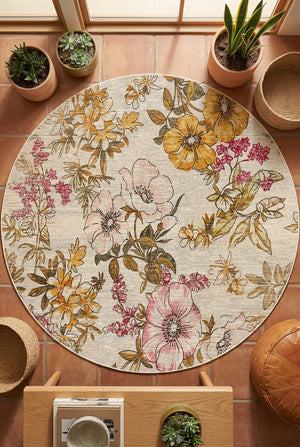 Gusras Spring Bloom Çiçek Desenli Pamuk Tabanlı Yıkanabilen Kaydırmaz Antibakteriyel Yuvarlak Şönil Salon Halısı - Aydahome