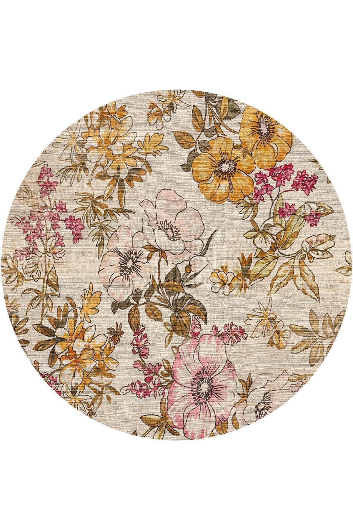 Gusras Spring Bloom Çiçek Desenli Pamuk Tabanlı Yıkanabilen Kaydırmaz Antibakteriyel Yuvarlak Şönil Salon Halısı - Aydahome