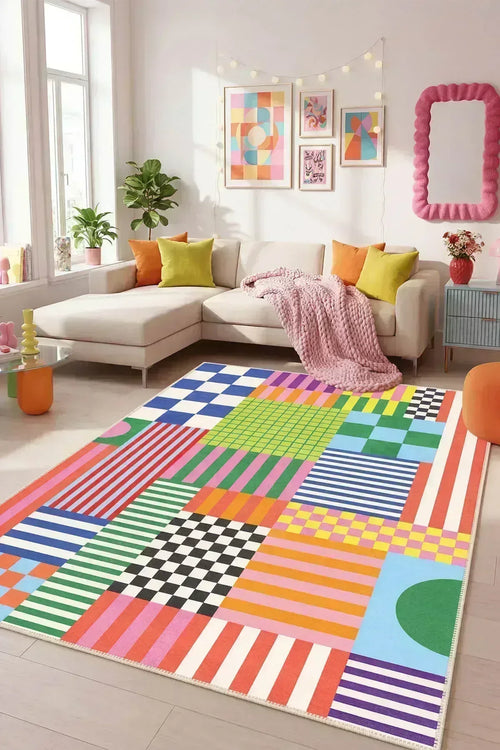 Matica Color Carnival Pamuk Tabanlı Yıkanabilen Kaydırmaz Antibakteriyel Şönil Salon Halısı - Aydahome