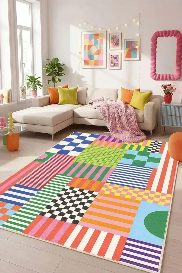 Matica Color Carnival Pamuk Tabanlı Yıkanabilen Kaydırmaz Antibakteriyel Şönil Salon Halısı - Aydahome