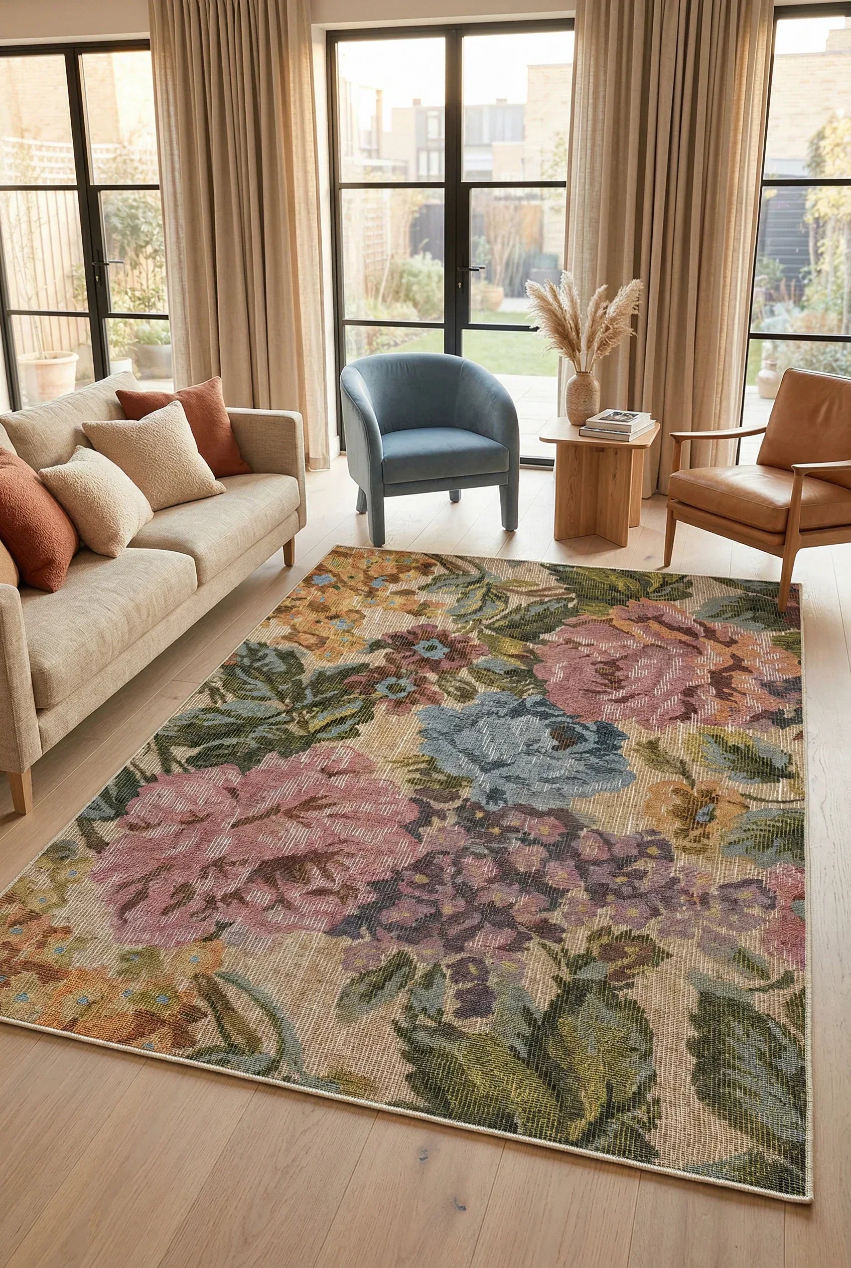 Moles Spring Bloom Çiçek Desenli Pamuk Tabanlı Yıkanabilen Kaydırmaz Antibakteriyel Şönil Salon Halısı - Aydahome