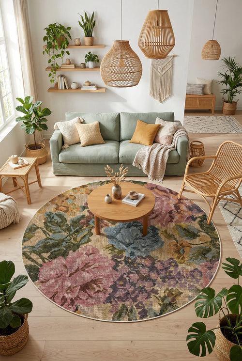 Moles Spring Bloom Çiçek Desenli Pamuk Tabanlı Yıkanabilen Kaydırmaz Antibakteriyel Yuvarlak Şönil Salon Halısı - Aydahome