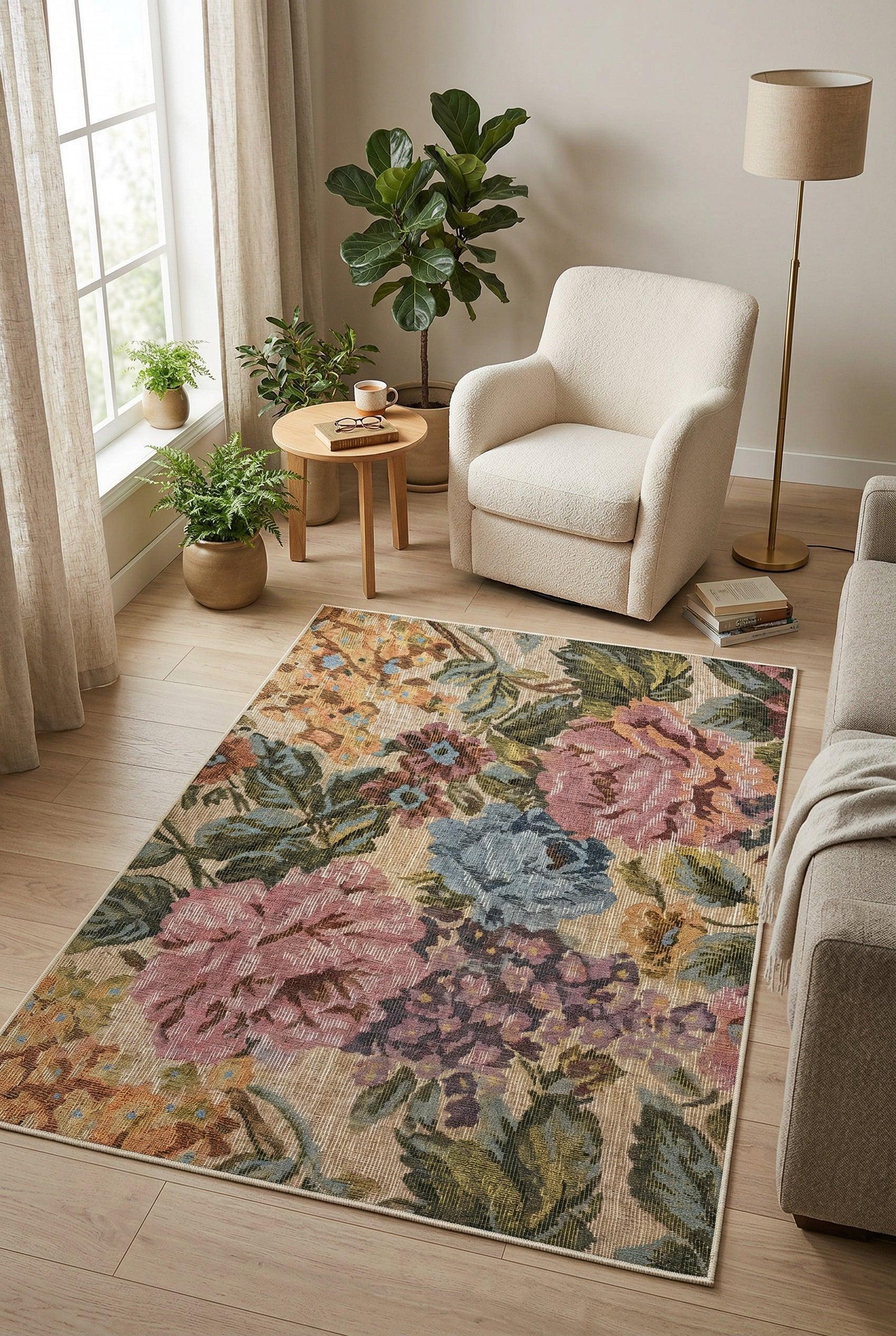 Moles Spring Bloom Çiçek Desenli Pamuk Tabanlı Yıkanabilen Kaydırmaz Antibakteriyel Şönil Salon Halısı - Aydahome