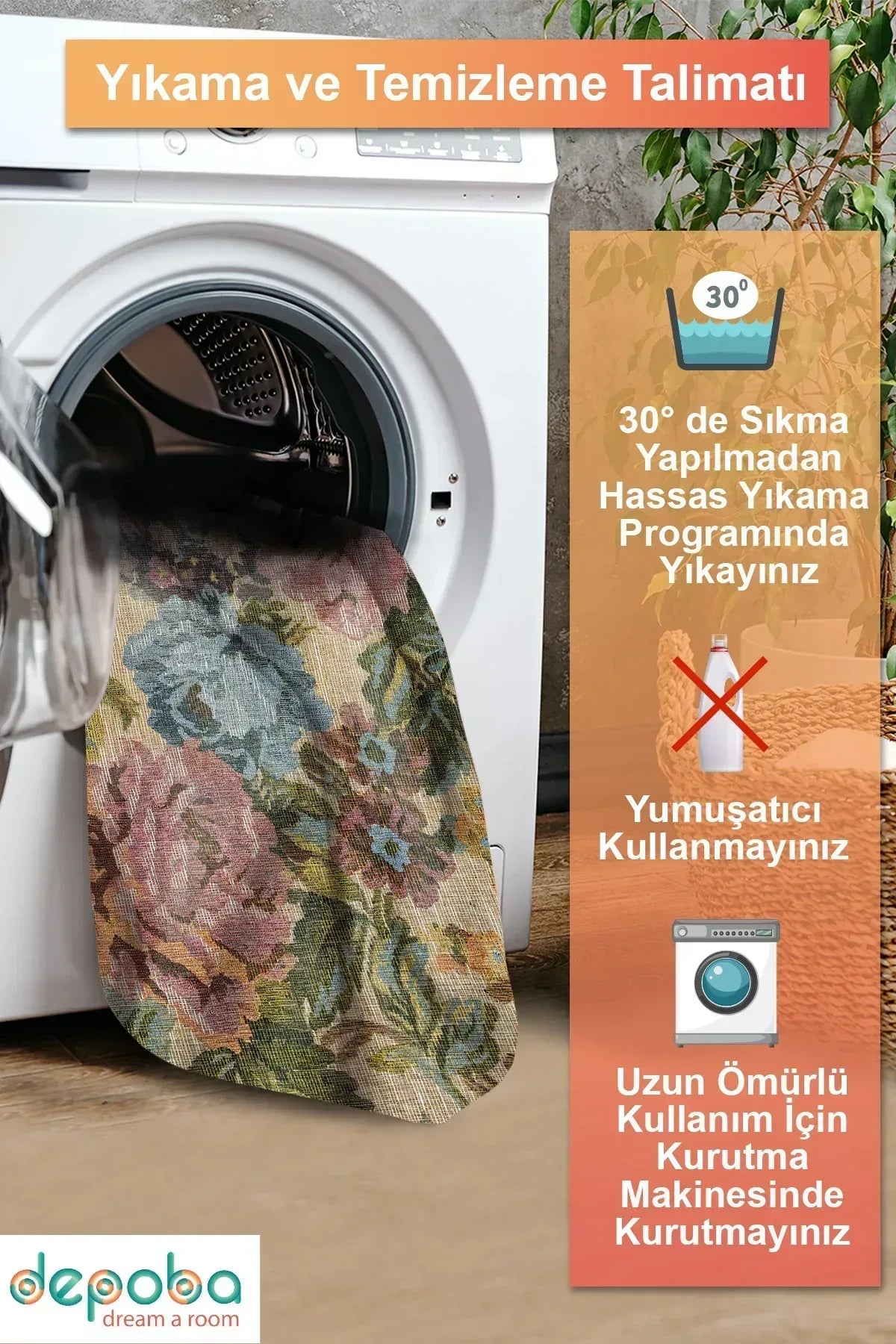 Moles Spring Bloom Çiçek Desenli Pamuk Tabanlı Yıkanabilen Kaydırmaz Antibakteriyel Şönil Salon Halısı - Aydahome